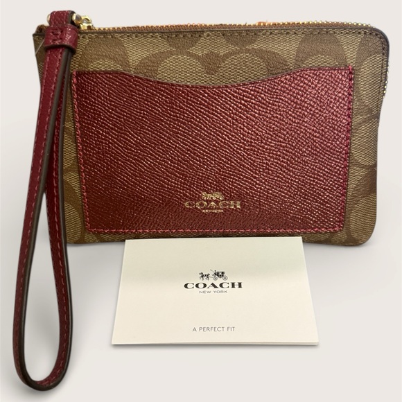 Coach Corner Zip Metallic Cherry & Brown Leather Wristlet - NIB w/ Tags